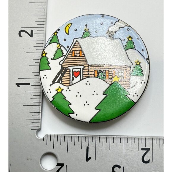 Christmas Cottage Refrigerator Magnet Vintage Cabin in the Woods Trees Night - Picture 2 of 6